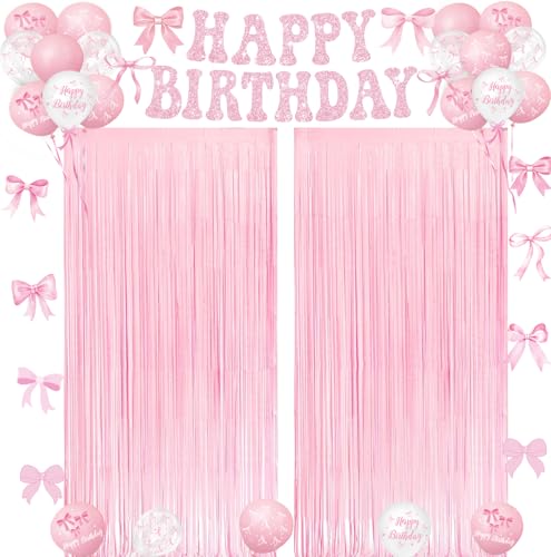 Pink Bow Birthday Decorations 2 Pack Pink Bow Foil Fringe Curtains Banner and Balloons for Girls Bow Birthday Baby Shower Bachelorette Bridal Shower Party Decor 3.2ft x 8.2ft