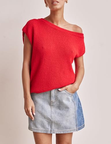 Image of Lviefent Womens Off Shoulder Sweater Y2K Short Sleeve Ribbed Knit Pullover Date Night Top Blouse (Red-S)