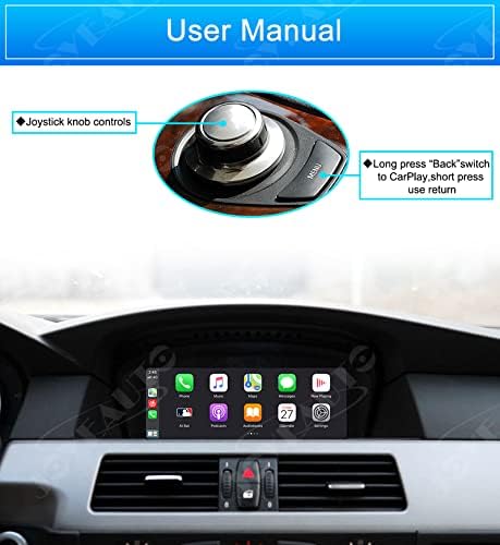 BMW iDrive controller with labels for joystick knob controls and long press 'Back' for CarPlay