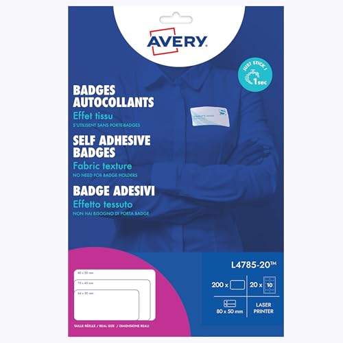 AVERY Zweckform L4785-20 Namensetiketten (200 Namensaufkleber, 80x50mm auf A4, selbstklebend, bedruckbare Textiletiketten aus Acetatseide für Laserdrucker, rückstandsfrei ablösbar) 20 Blatt, weiß