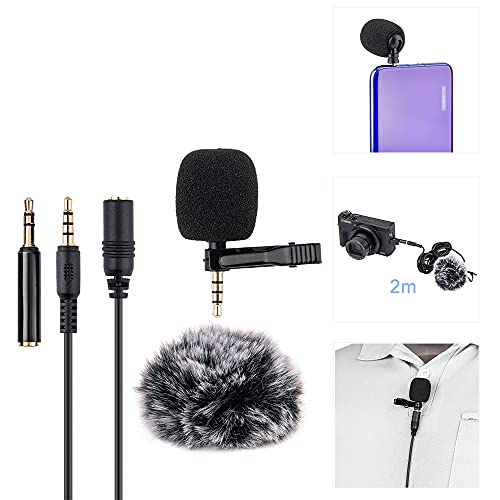 KIWIFOTOS Compact Unidirectional Condenser Microphone, 3.5mm TRS TRRS Clip on Mic for DSLR Cameras Camcorders PC Smartphones ZOOM Handy Recorders (2m / 6.6' Extension Cable)