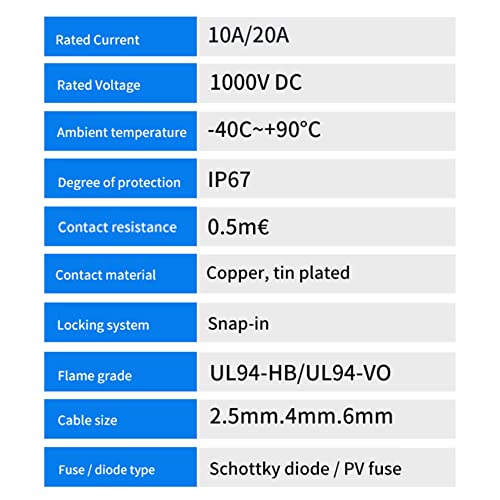 Nudiuhis 5 STÜCKE Solarstecker mit Diode Wasserdichter PV-Stecker DC1000V 20A IP67 PPO Stecker Buchse (5)
