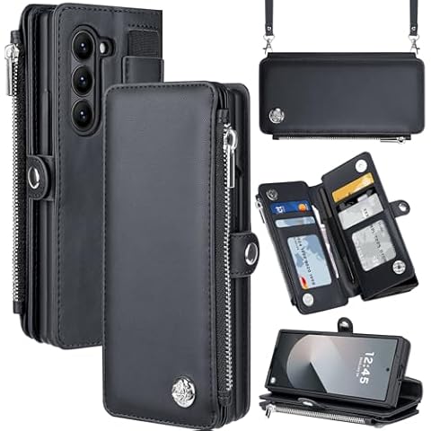 GooseBox for Samsung Galaxy Z Fold 6 Wallet Case, Fold 6 Case with S Pen Holder Slot Zipper Case, RFID Blocking Z fold 6 Wallet Case with Card Holder Wrist Strap and Shoulder Straps PU Leather-Black Cover
