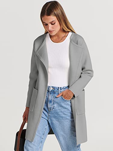 Anrabess Women's Open Front Knit Cardigan Long Sleeve Lapel Casual Solid Classy Sweater Jacket 715Huise-M Gray #TOP1