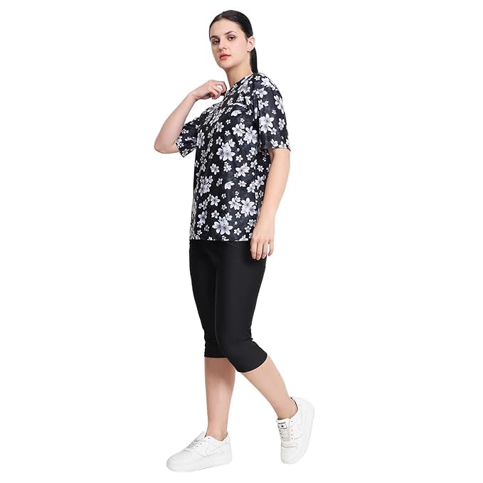 Image of Two Piece Swimming Costume for Women with Removable Pads | Lycra T-Shirt & Tights Swimset for Women Swimwear Half Sleeves