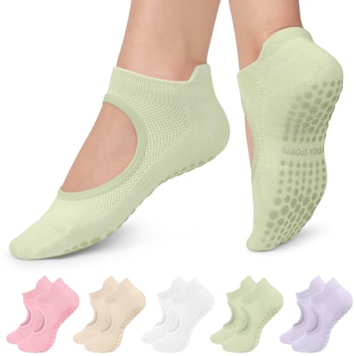 5 Pairs Non Slip Pilates Socks with Grips for Women, Grip Socks for Yoga Ballet Barefoot Workout Anti Skid Athletic Socks