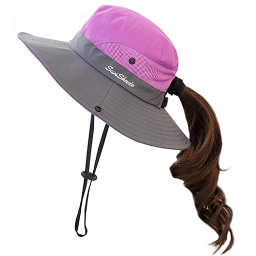 Women's Outdoor Uv-Protection-Foldable Sun-Hats Mesh Wide-Brim Beach Fishing Hat With Ponytail-Hole (Purple) #TOP4