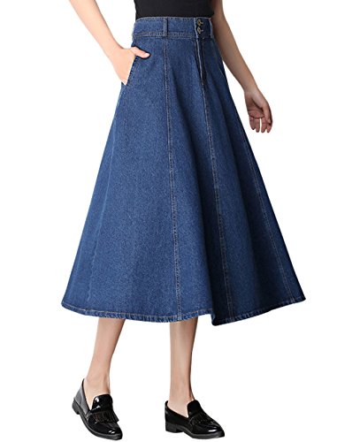 Wincolor Women's A-line Flare Pleated Maxi Long Denim Jean Skirt Blue