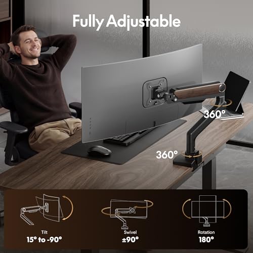 Image of FlexiSpot Ultrawide Monitor Arm, Monitor Stand for 17 to 49 inch Screens Holds up to 44 Lbs, Adjustable Gas Spring Arm with C Clamp & Grommet Base for Gaming Office, 75 /100 VESA Mount, Wood Grain