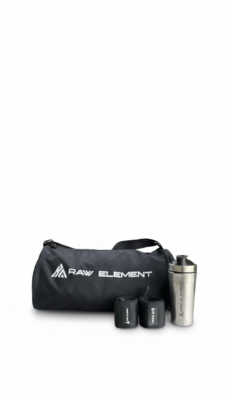 raw element Pack of 3 Gym Bag Set with Shaker Bottle and Wrist Wraps, Black, Fitness Accessories Kit-picture-35