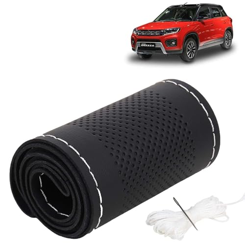 Image of KINGSWAY PU Leatherite Car Steering Cover Sewable Compatible with Maruti Suzuki Vitara Brezza (Year 2020-2022), Black Color with Silver Thread, Pack of 1 with Sewing Needle and Thread
