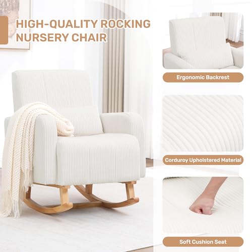 Image of HCHAIRH Rocking Chair with Ottoman, Corduroy Upholstered Glider Rocker with High Backrest and Side Pocket, Comfy Reading Chair with Solid Wood Legs for Nursery, Living Room,Bedroom Beige