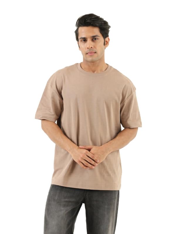 Image of SAADAA Men's Oversized Cotton T-Shirt | 210 GSM Heavyweight Fabric | Drop Shoulder | Dual Knit | Comfortable Casual Wear | Solid Colors