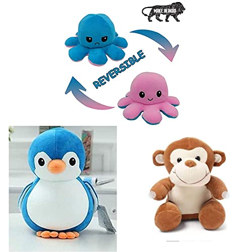 Image of Babique Octopus Sitting Plush Soft Toy (17 cm) + Penguin Teddy Bear Plush Soft Toy (28 cm, Blue) + Plush Soft Toy Cute Kids Animal Home Decor Boys /Girls /Baby (28 cm, Monkey) - (Set of 3 Toys)
