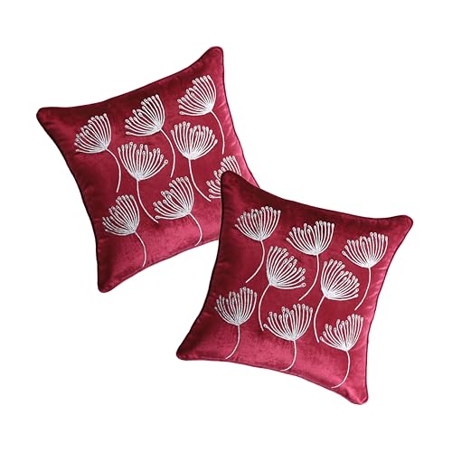 Image of Home - The Best is for You Luxurious Burgundy Velvet Cushion Covers with Embroidered Abstract Dandelion Design - Pack of 2, 16x16 Inch