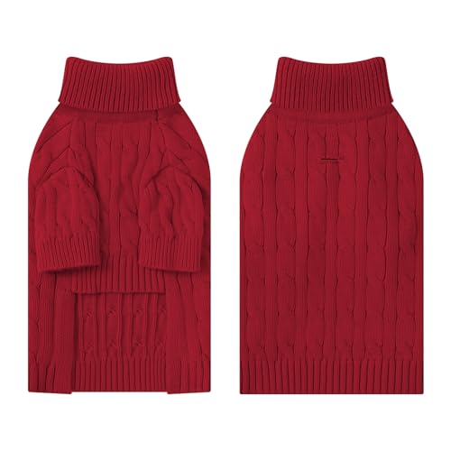 Image of Small Dog Thermal Pullover Sweater, Classic Turtleneck Cable Knitwear Dog Clothes for Cold Weather Warm Pet Clothes for Chihuahua, Bulldog, Dachshund, Pug Red Large