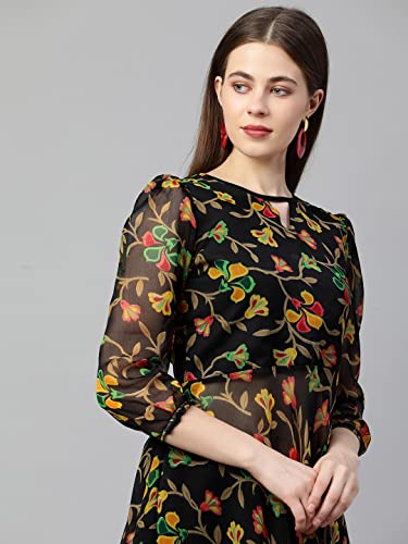 Image of GoSriKi Women's Chiffon Angrakha Kurta (KT-COT-10157-BLACK-GO)