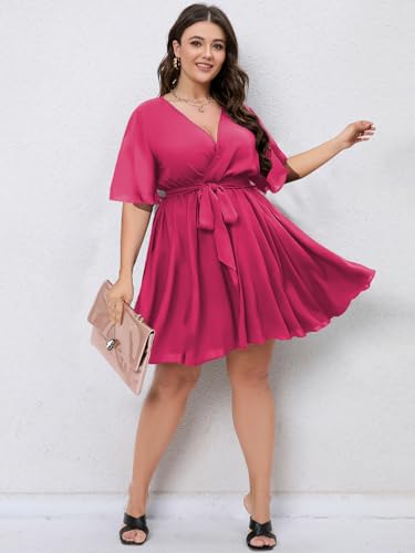 Image of SCOMCHIC Women's Plus Size Summer Dresses Short Sleeve Wrap V Neck A Line Skater Mini Short Dress XL-4XL