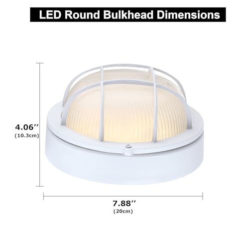 Image of GRUENLICH Outdoor Bulkhead Light, LED Round Wall Sconce, Rustproof, White | 8 inch Dimmable Wall Light for Porch, Garage, Walkway, Nautical, 15W 1500 Lumen, Aluminum, Glass, Waterproof, 3000K, 1 Pack