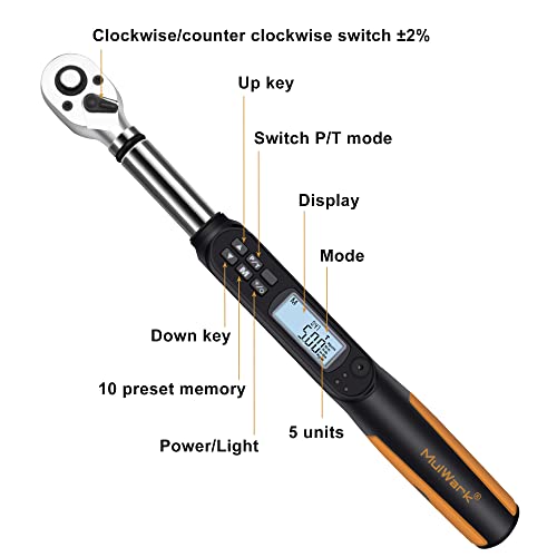 Mulwark 3/8" Digital Torque Wrench Electronic Set, With Buzzer & Led, 2.2-44.3 Ft-Lbs(3-60 Nm), High Precision Adjustable Bike Torque Wrenches Car Repairing Tool Calibrated With Storage Case #TOP3