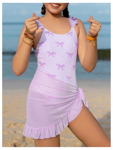 Image of GORGLITTER Girl's Ruffle One Piece Swimsuits Bow Striped High Cut Bathing Suit with Cover Up Skirts Swim Wear Suits