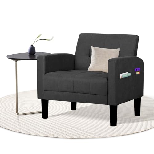 GRAVFORCE Armchairs Comfy Upholstered Living Room Chair Mid Century Modern Accent Arm Chairs with Pocket Storage Dark Gray