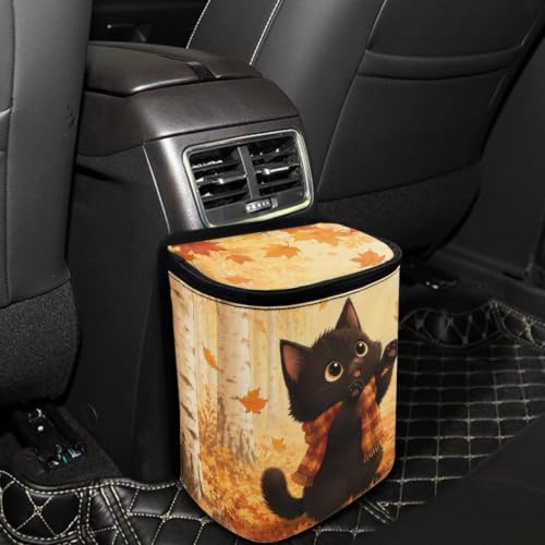 Image of Talayituse Black Cat Maple Print Car Trash Can with Lid, Leak Proof Auto Trash Bag Hanging Vehicle Garbage Can Multipurpose Storage Container for Back Seat Road Trip Autumn Decor