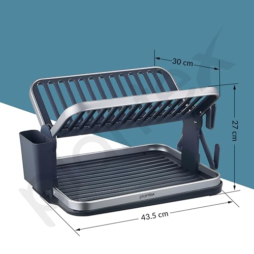Image of Plantex Kitchen Storage Rack /Aluminium Fold Flat Dish Drying Rack /2-Tier with Drainboard /Kitchen Organiser Rack - (Silver & Grey)