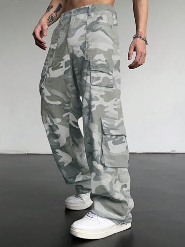 WDIRARA Men's Camo Print High Waist Button Streetwear Cargo Pants with Pockets3