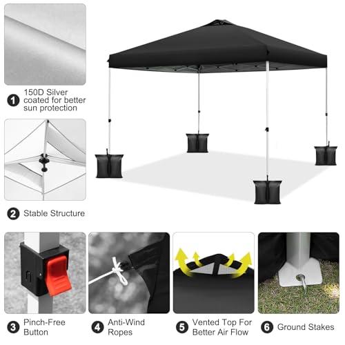 WEIZE 10x10 pop up Canopy Tent, One-Button Push Setup, Adjustable Height pop up Gazebo, Instant Portable Shelter, 4 Weight Bags, Sun Shade for Events & Camping, Silver Coated Top, Black