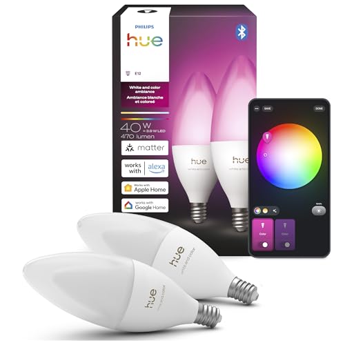 Philips Hue Smart LED Candle Bulb B39 E12 2 Pack White and Color Ambiance Full Spectrum Light 1000K-20000K 470 lm Ultra-Low Dimming Chromasync Alexa Google Home Apple Home