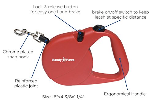 Handy Paws Retractable Pet Leash, Simple and User Friendly, For Small and Medium Size Dogs, Easy Touch Lock and Release Button
