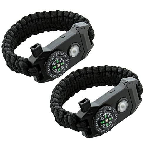 Sds Survival Paracord Bracelet 2Pk Black 7-In-1 Tactical Bracelet - Emergency Whistle, Compass, Light, And Fire Starter #TOP13