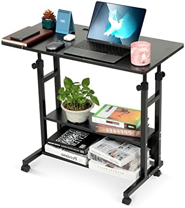 Home Office Desks Standing Adjustable Height Small Laptop Desk with Storage for Small Spaces Computer Table for Couch Bedrooms Mobile Rolling Portable Student Desk on Wheels Modern Uplift Black Desk