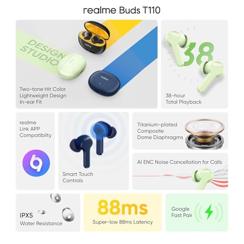 Image of Real Me T110 Buds | 50dB Active Noise Cancellation, Hi-Res LHDC Audio, 12.4mm Dynamic Bass Driver, 6 Mic Clear Voice Calls, 51,IP55 Waterproof,TWS for Apple & Android (T110, Moonlight White)