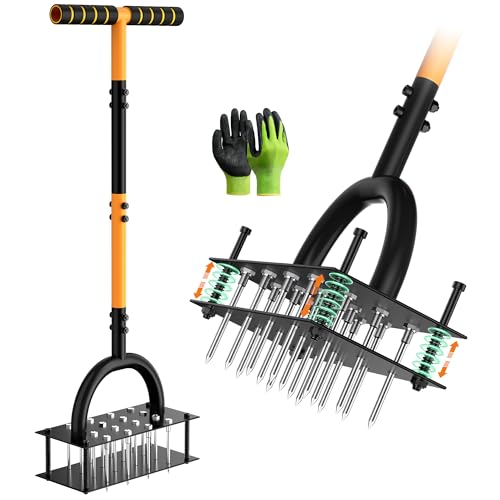 Grenebo Lawn Aerator Manual Aerator Lawn Tool with 16 Spikes, Metal Grass Aerator for Yard, Lawn Aeration, Automatic Soil Ejection, Pre-Assembled Lawn Aerator Tool (Black Orange)