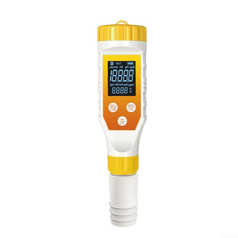 Probador de agua 7 en 1 para pH ORP Salinidad hidrógeno y detección de temperatura con pantalla retroiluminada y apagado automático para un rendimiento duradero