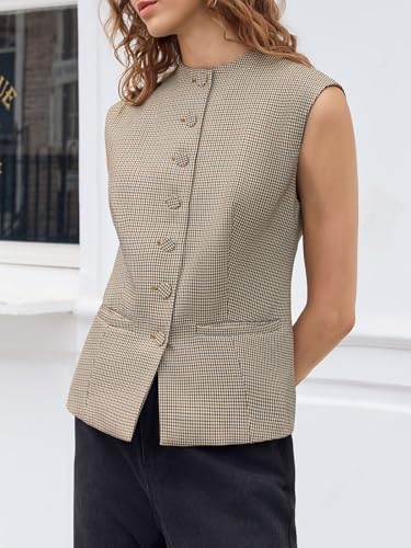 Tankaneo Womens Gingham Suit Vest Tops Round Neck Sleeveless Button Down Fitted Waistcoat Dressy Casual Plaid Blazer Vest4