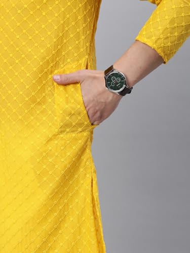 Image of Majestic Man Men's Cotton Blend Regular Fit Casual Polyester Mandarin Collar Ethnic Motifs Embroidered Long Regular Kurta