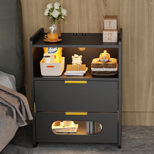 PIPIPOXER Mesita de noche negra con enchufe y USB, mesita de noche LED con 2 luces LED con 2 cajones, compartimento abierto, mesa auxiliar con base de carga, mesita de noche para salón, dormitorio, 50