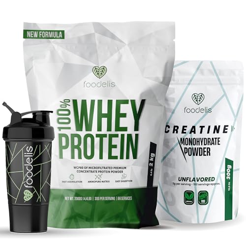 Pack Foodelis Proteinas Whey 2 kg Chocolate + Creatina 300g + Shaker de Regalo | Whey Protein con Aminoácidos Esenciales | Proteinas para Masa Muscular de Alta Solubilidad | Proteina en Polvo