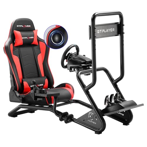 GTPLAYER Simulator Cockpit,Rennsimulator lenkradständer mit 3D-Stereo-Lautsprechern, Monitorhalterung, verstellbarer Lenkradhalterung, Schalthebelhalterung und Fußpedalen (Rot)