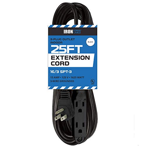 25 Ft Extension Cord with 3 Electrical Power Outlet - 16/3 Durable Black