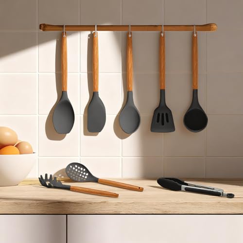 Kitchen Utensils Set - 12 Pcs Silicone Cooking Utensils Set with Wooden Handle - Heat Resistant Non-Stick BPA Free Spatula Set,Turner, Spoon, Brush, Silicone Kitchen Gadgets Utensil Set — view 5