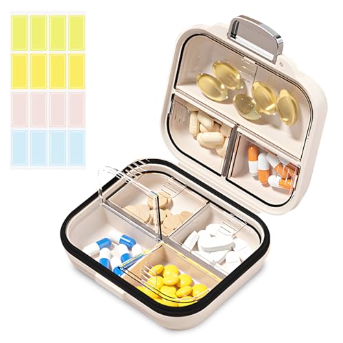 Travel Pill Organizer Box with Labels, 7 Compartments Portable Mini Pill Case, Daily Medication Organizer Storage Pill Container for Pocket Pharmacy(Pearly White, S)
