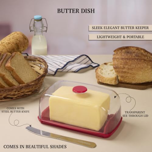Image of Nayasa Smart Transparent Butter Dish with Lid & Butter Knife | BPA-Free Food Grade Plastic Butter Storage Container | Easy to Clean Butter Keeper for Butter, Cheese & Table Serving | Red
