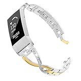 Wearlizer Compatible with Fitbit Charge 3 / Charge 4 Bands for Women Metal Replacement Charge 3 hr Band Strap with Bling Rhinestone Bracelet Bangle for Fitbit Charge 4 Special Edition - Gold+Silver