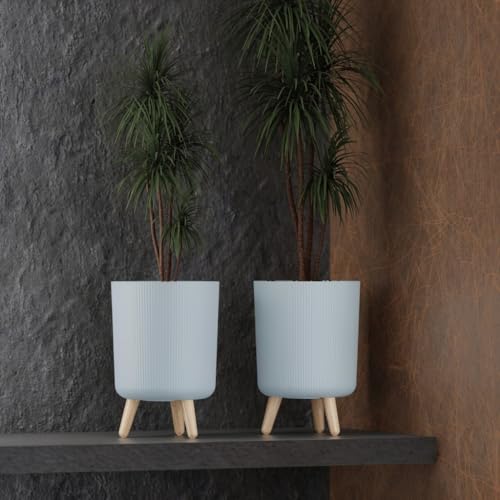 Image of StyleX Store Modern Flower Pot with Plastic Legs | Indoor Outdoor Planter for Home Garden Balcony Decor Ribbed Design Sturdy Plastic Mid-Century Style (Dusty Blue Pack of 2)