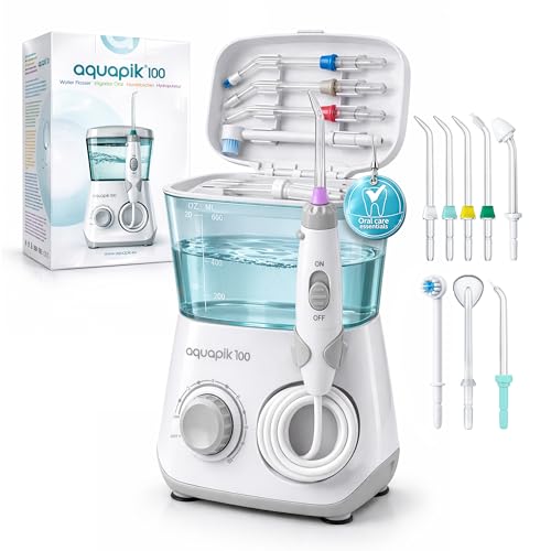 Aquapik Hydropulseur dentaire Water flosser IPX8 avec 10niveaux de pression, 8 embouts, réservoir 600 ml, idéal orthodontie, implants et gencives sensibles Blanc