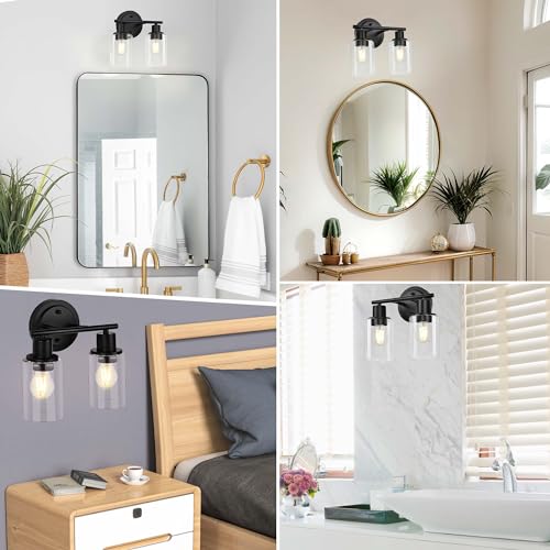 Image of 2-Light Bathroom Vanity Light Fixture Black Two Bulb Vanity Bathroom Lights Over Mirror, 2-Light Black Wall Sconce Over Sink